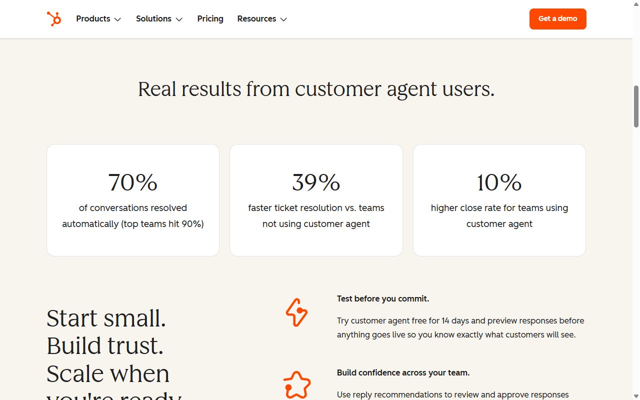 HubSpot's Customer Agent page claiming 70% of conversations resolved automatically