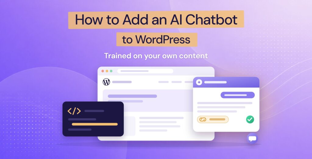 A WordPress site with a code snippet card on one side and an open AI chat window answering with a source link on the other