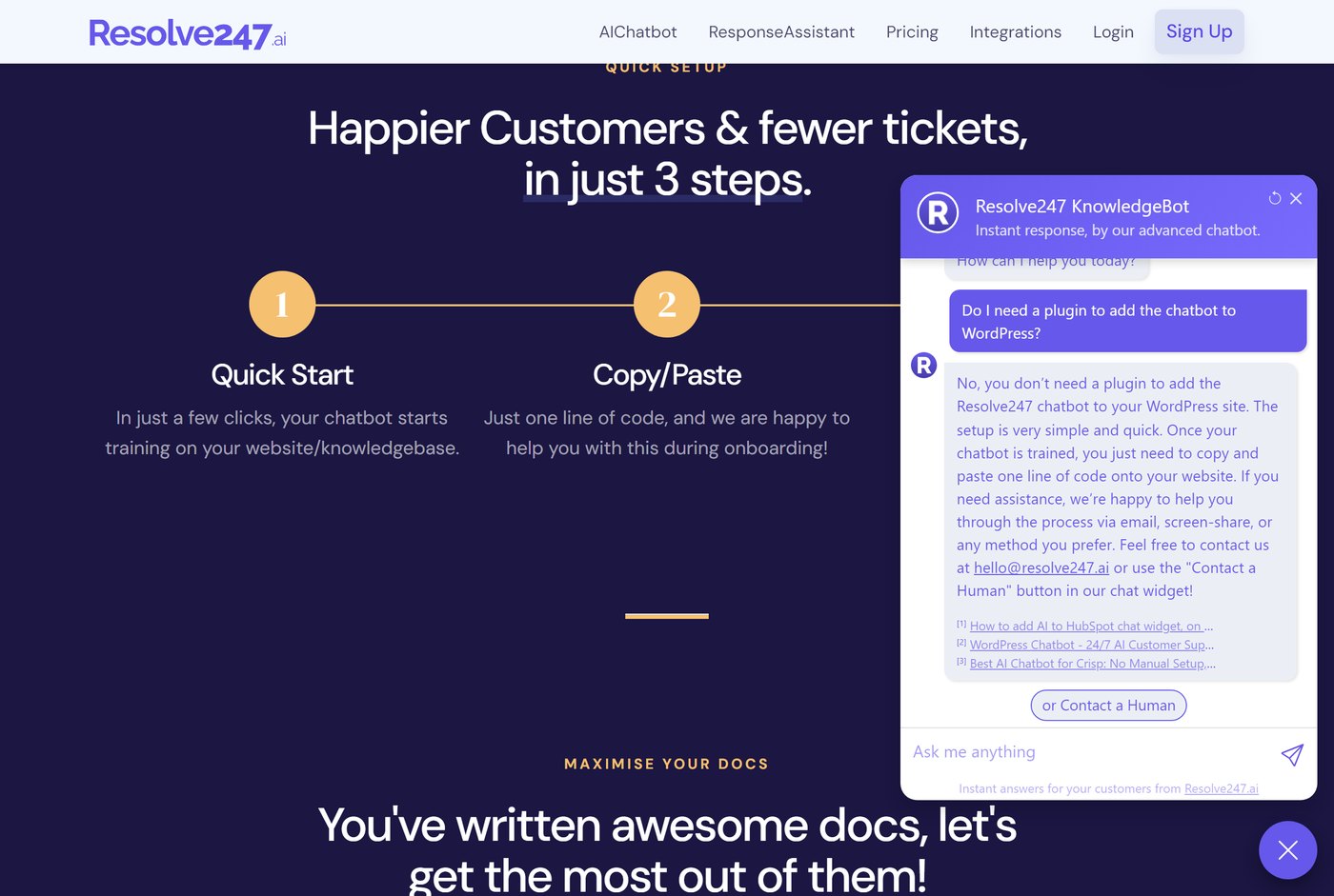 Resolve247 chatbot answering "Do I need a plugin to add the chatbot to WordPress?" with three numbered source links