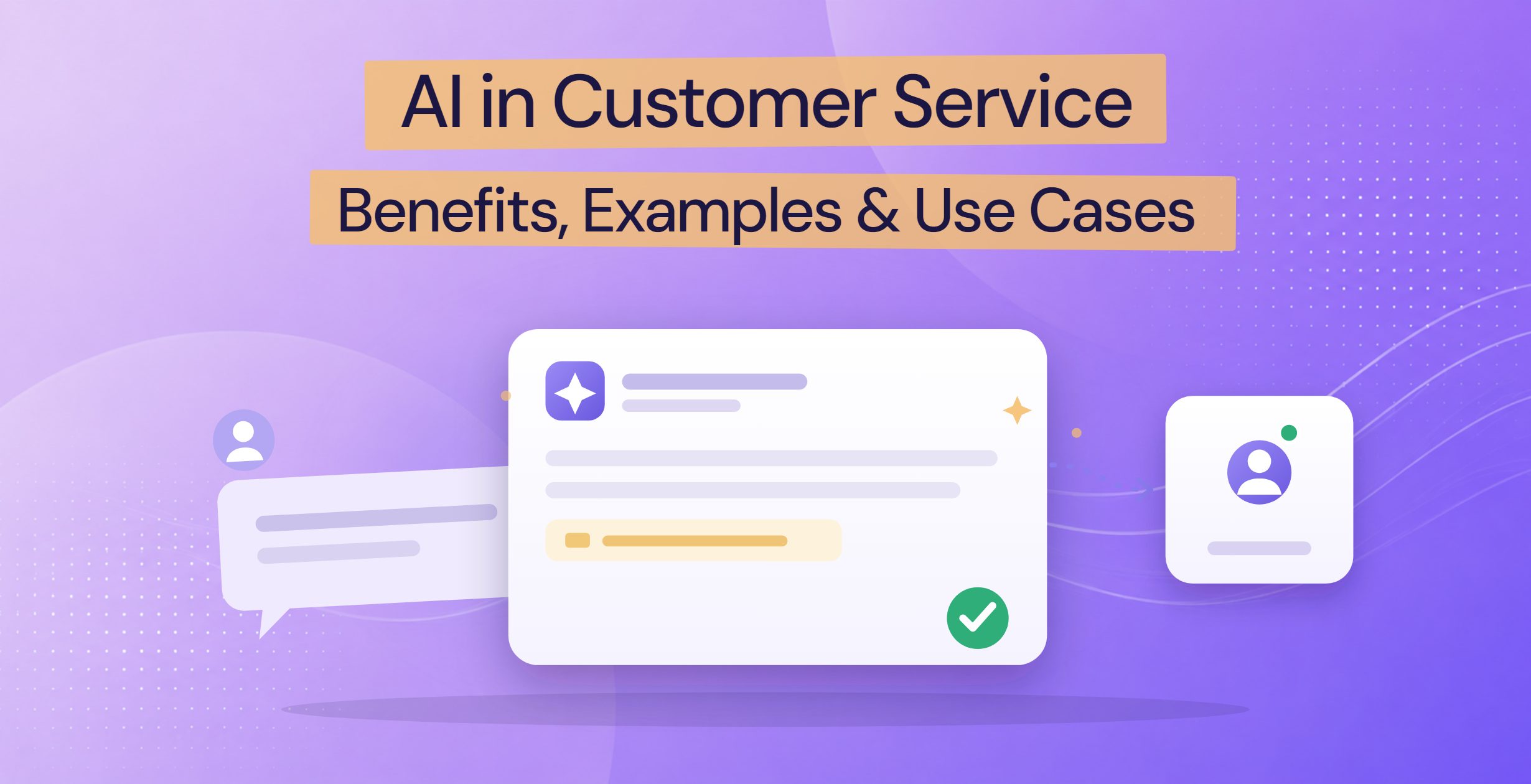 Illustration of AI in customer service: questions arriving by chat, email and voice, the repetitive ones answered instantly a