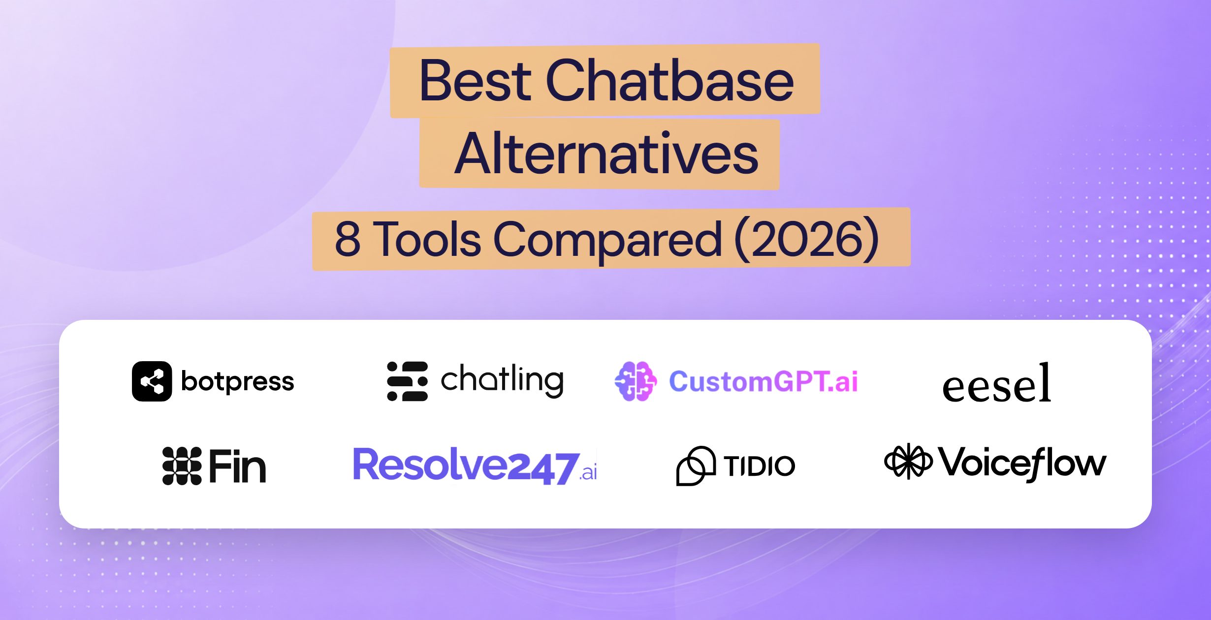 Logos of eight Chatbase alternatives compared in this guide: Botpress, Chatling, CustomGPT, eesel, Intercom Fin, Resolve247,