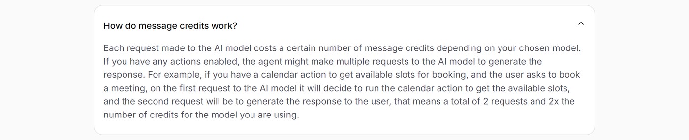 Chatbase's pricing FAQ explaining that each AI reply costs message credits based on the model and enabled actions