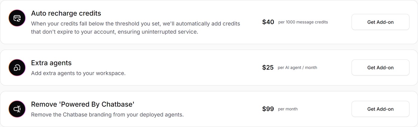 Chatbase paid add-ons: remove branding for $99 a month, extra agents at $25 each per month, auto-recharge credits