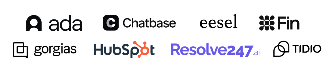 Logos of the eight AI customer service chatbots compared: Ada, Chatbase, eesel, Fin, Gorgias, HubSpot, Resolve247 and Tidio