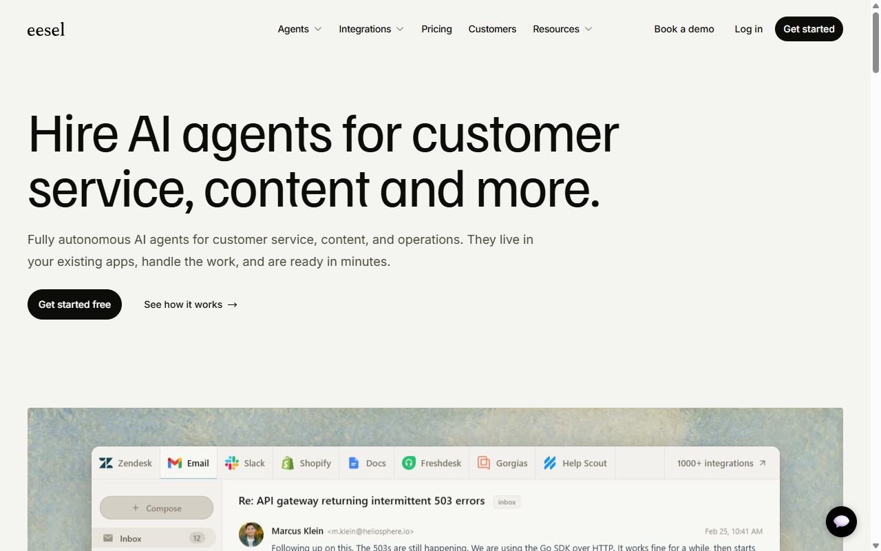 eesel AI customer service agent homepage