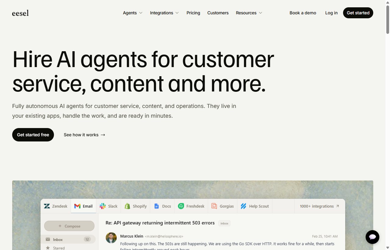 eesel AI customer service agent homepage