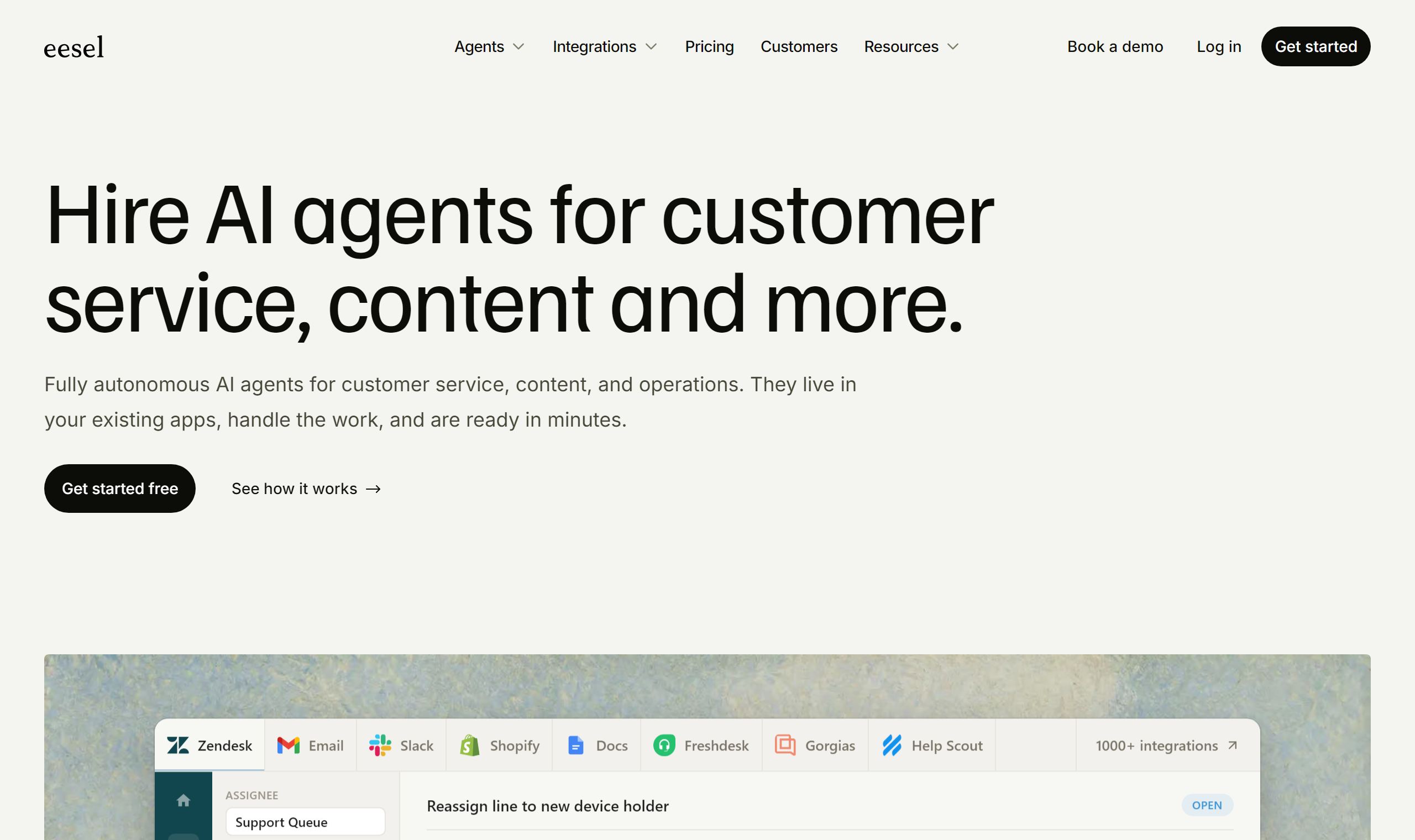 The eesel AI homepage: "Hire AI agents for customer service, content and more", with its integrations strip