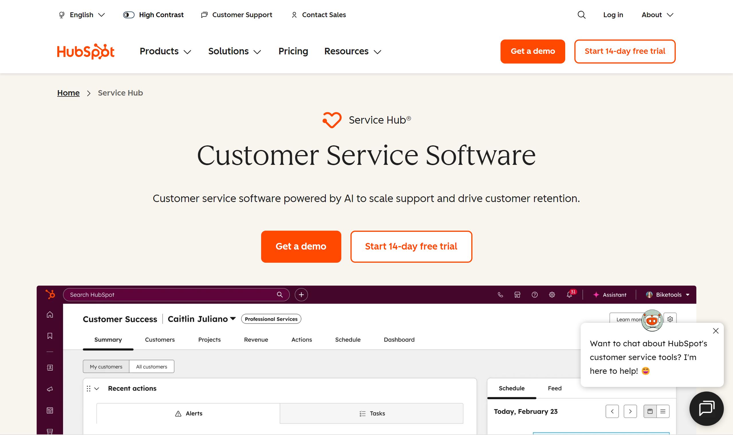 HubSpot Service Hub, where the Breeze Customer Agent lives, headlined "Customer Service Software"