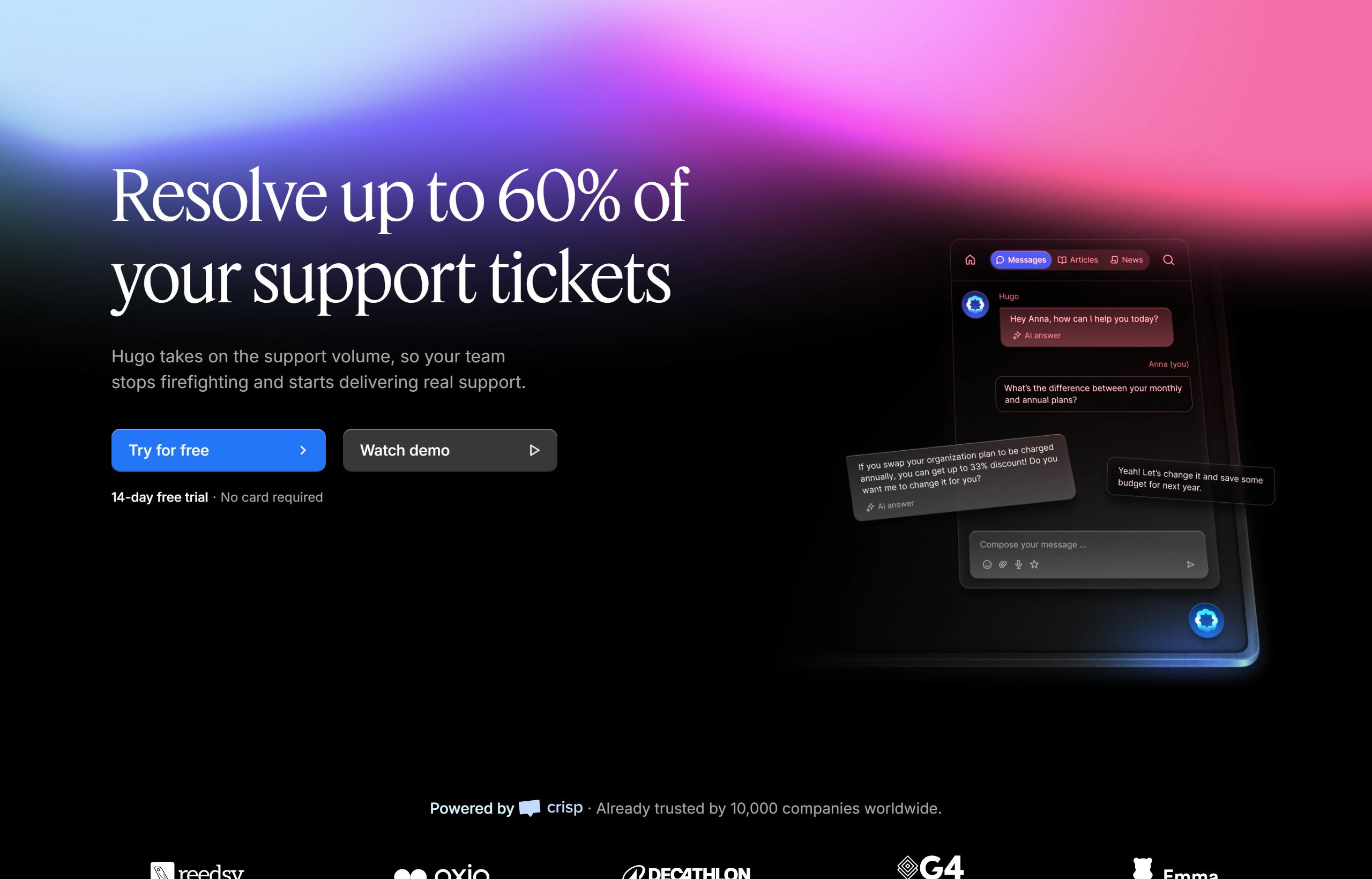 Hugo AI homepage headline "Resolve up to 60% of your support tickets" with a 14-day free trial and a Powered by Crisp badge