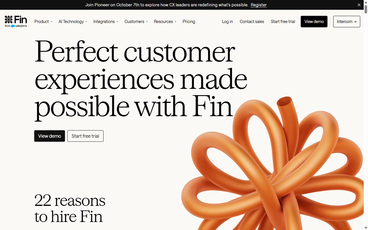 Intercom Fin AI customer service agent homepage