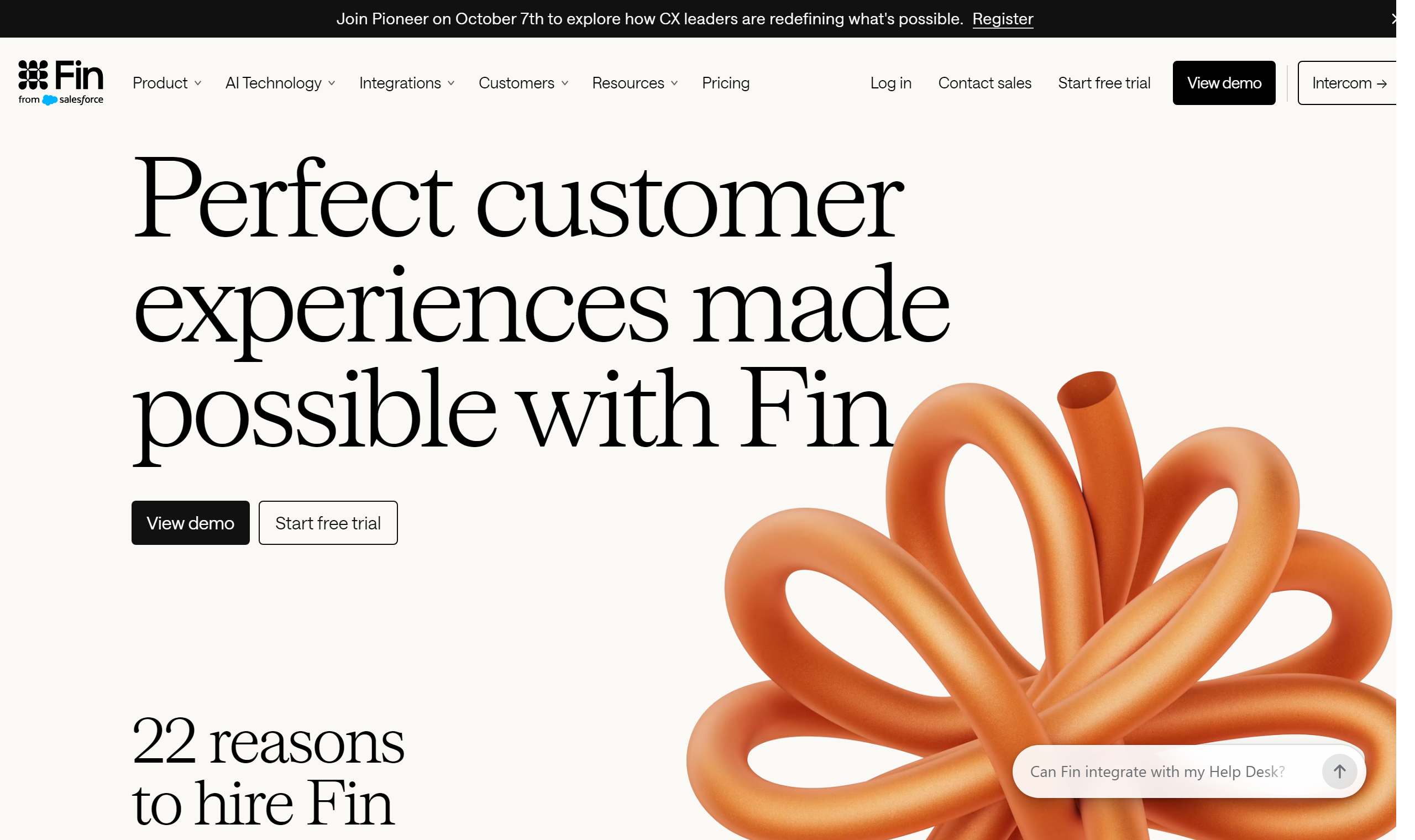 The Fin site (formerly Intercom): "Perfect customer experiences made possible with Fin"