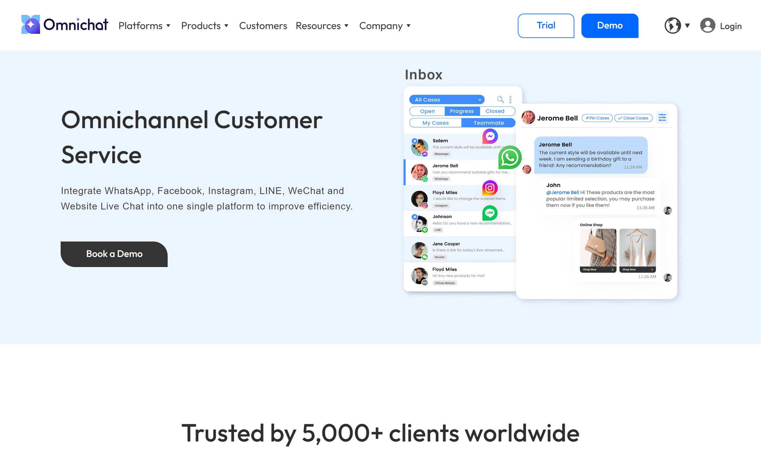 The Omnichat site: "Omnichannel Customer Service" unifying WhatsApp, Facebook, Instagram, LINE and WeChat