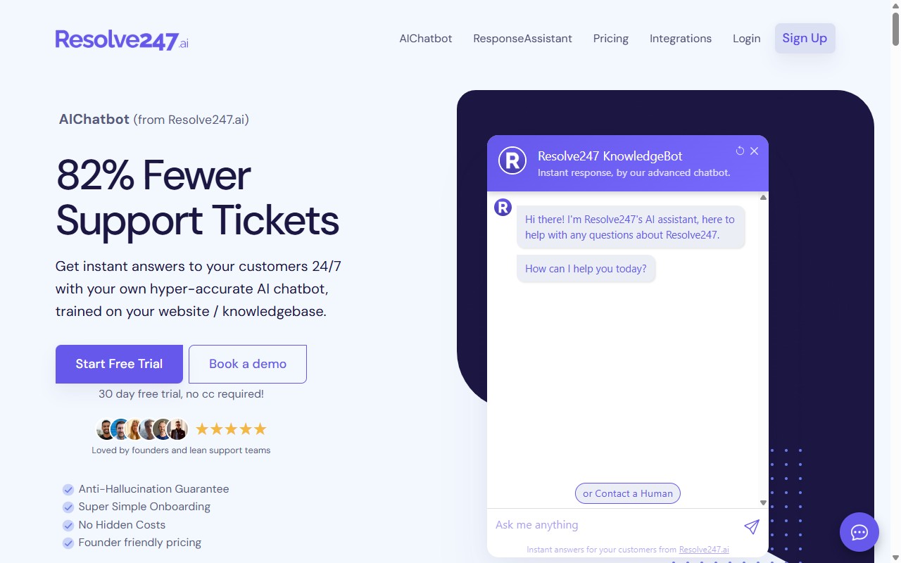 Resolve247 AIChatbot product page, 82% fewer support tickets