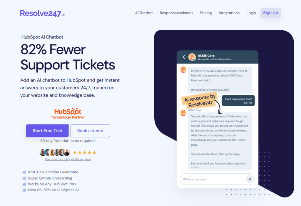 Screenshot of Resolve247's website for the HubSpot AI Chatbot integration