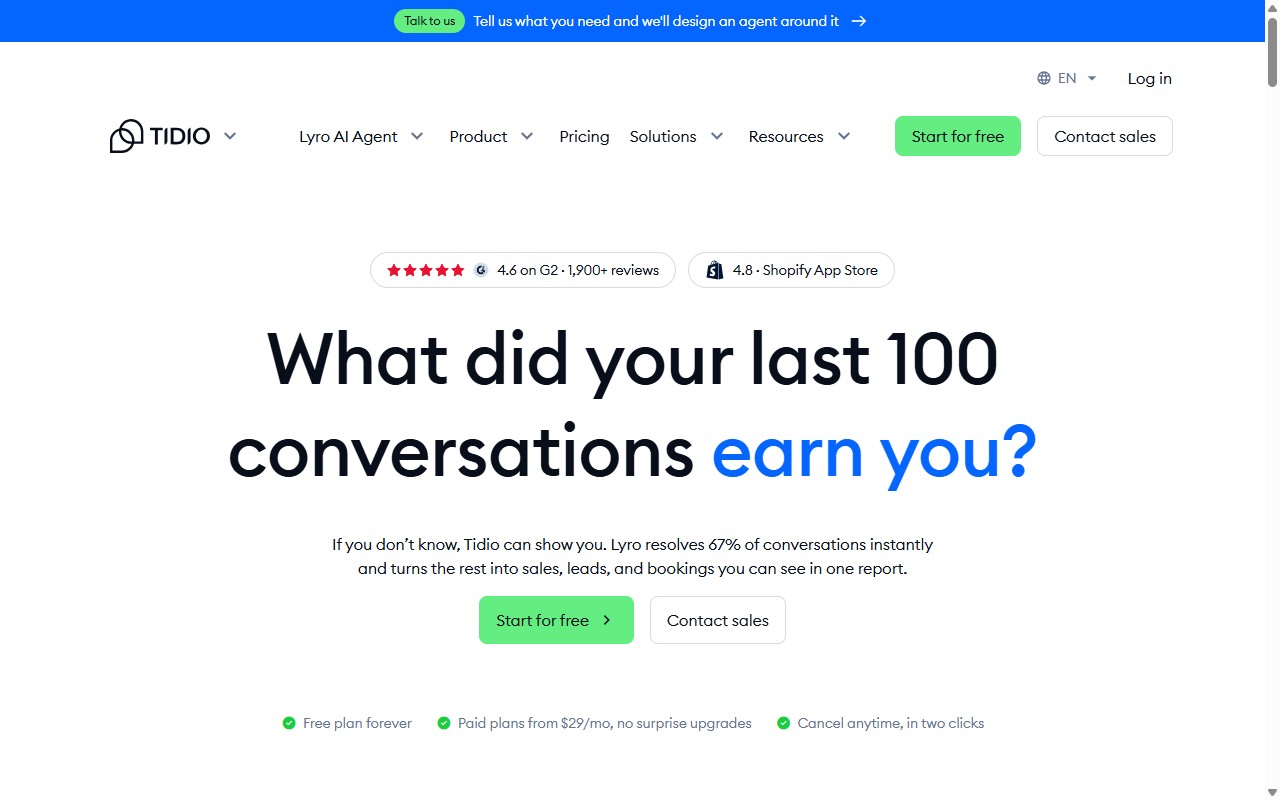 Tidio AI customer service and Lyro AI agent homepage
