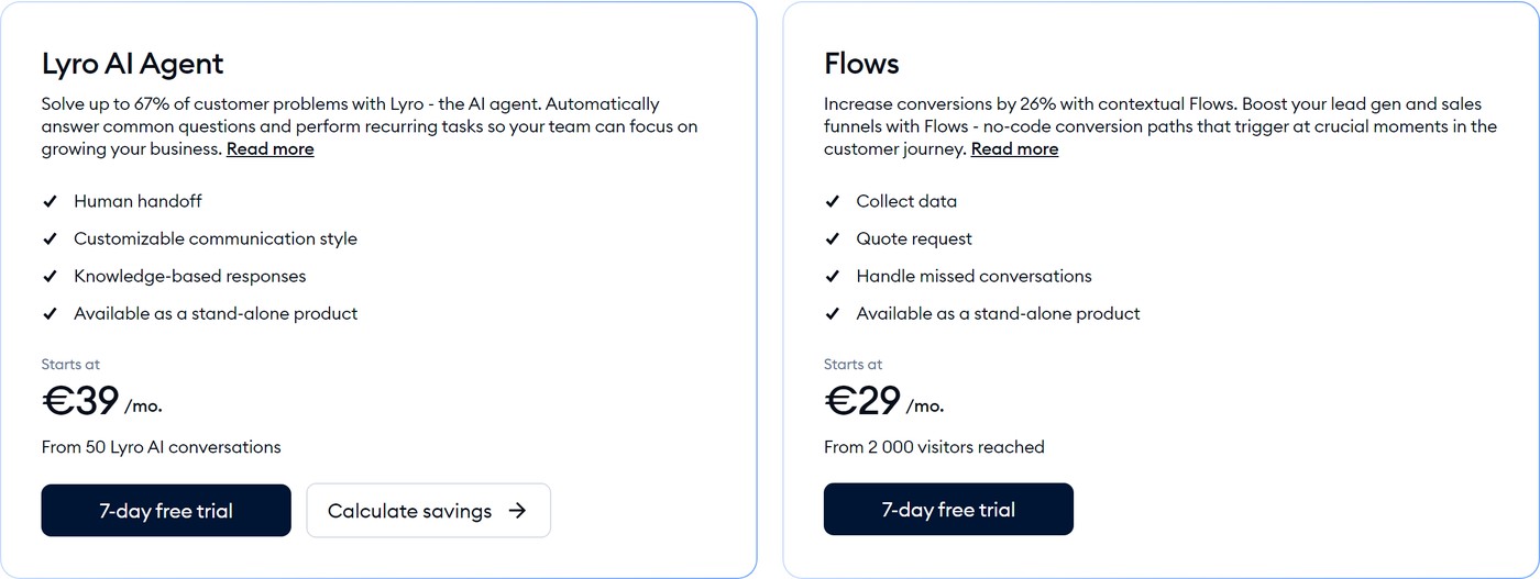 Tidio add-ons: the Lyro AI Agent from $39/mo and Flows, each billed on top of your plan