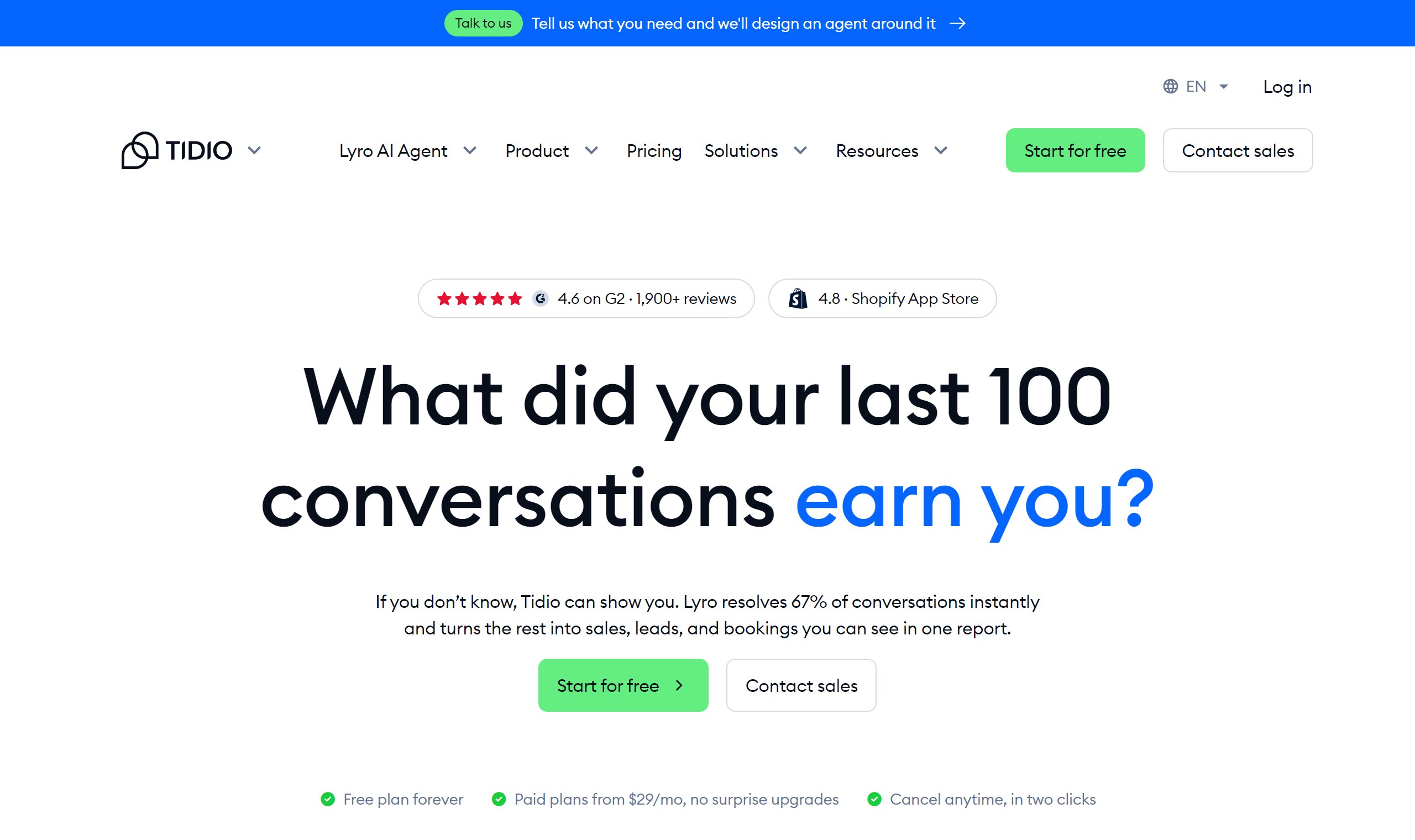The Tidio homepage featuring the Lyro AI agent and its free-plan pricing