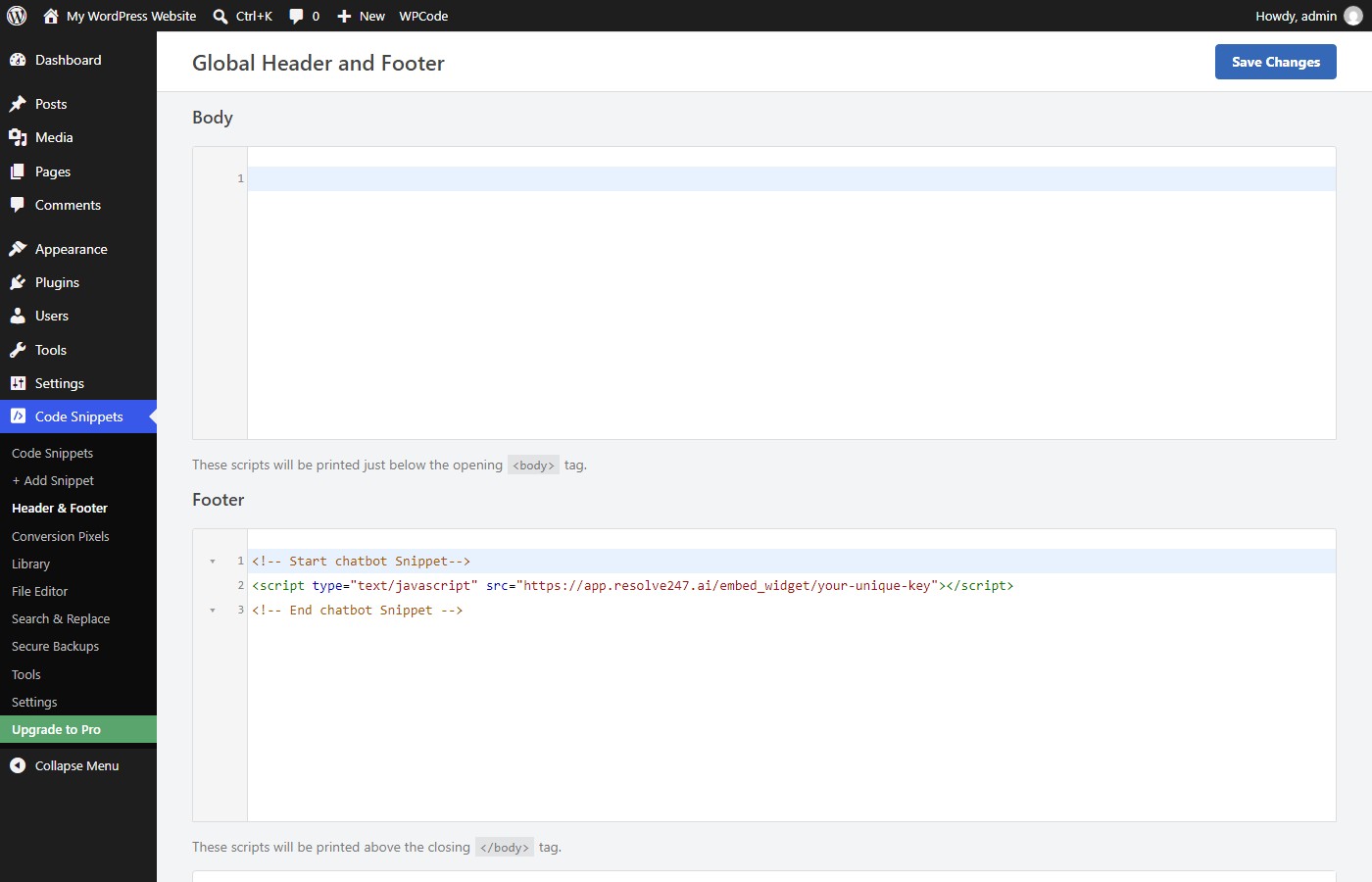 WPCode's Global Header and Footer screen in WordPress 7.1, with the chatbot snippet pasted into the Footer box