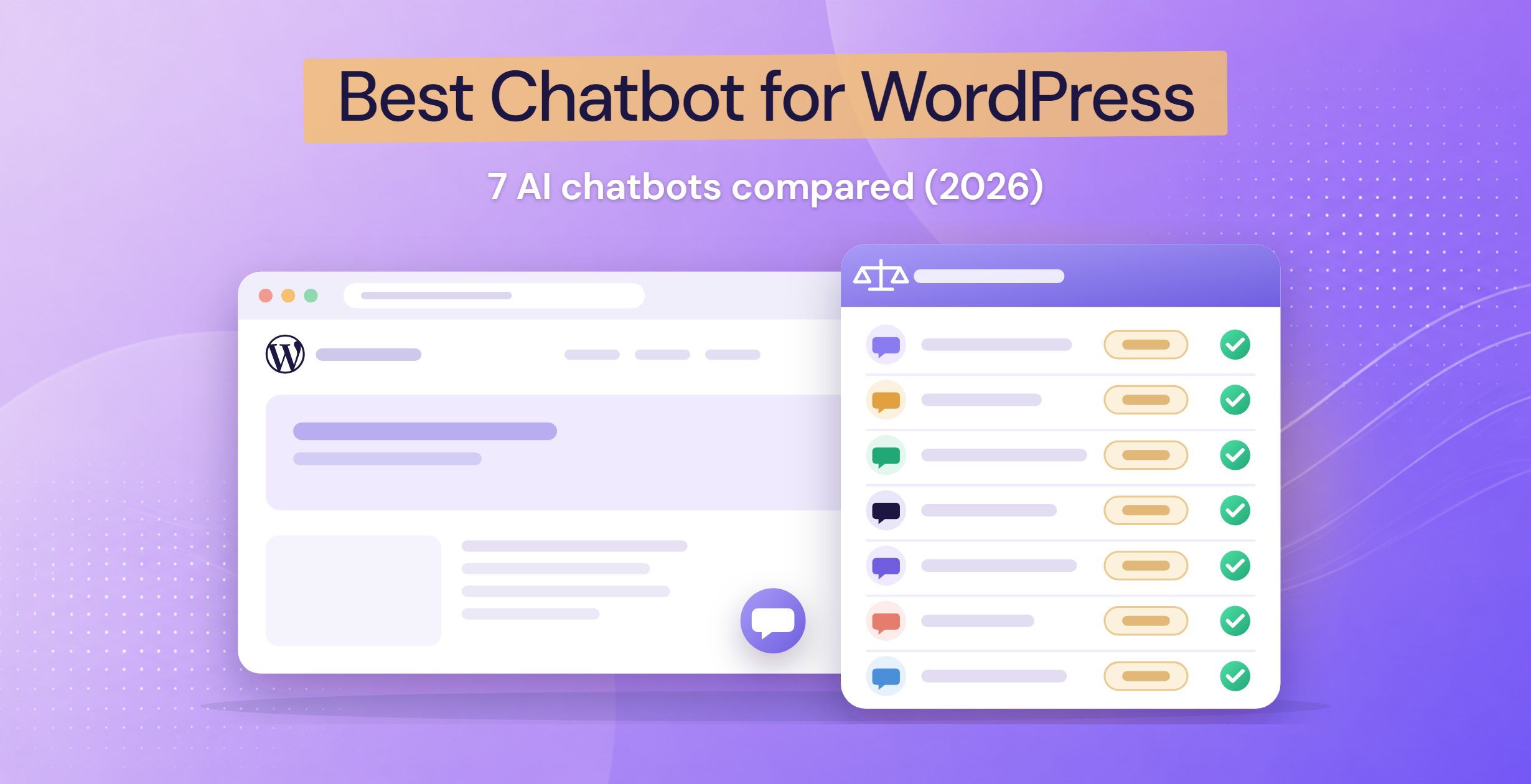 A WordPress site in a browser beside a comparison card of seven AI chatbots, each with a price and a tick