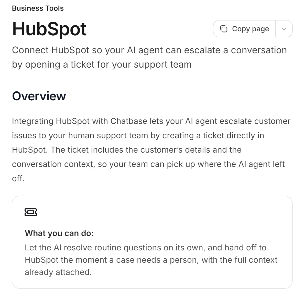 Chatbase's HubSpot integration guide: connect HubSpot so your AI agent can escalate a conversation by opening a ticket