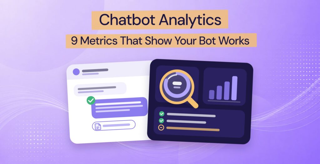 Chatbot analytics: a chat answer with its source, next to a dashboard being checked with a magnifying glass