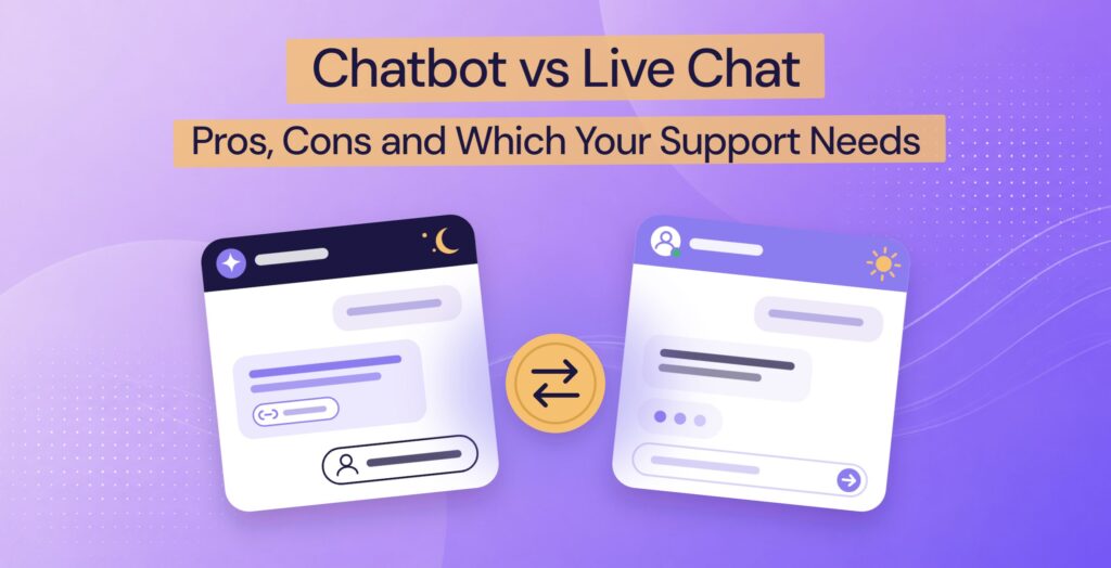 Chatbot vs live chat: an AI chat window at night and a person's live chat by day, joined by a handover icon