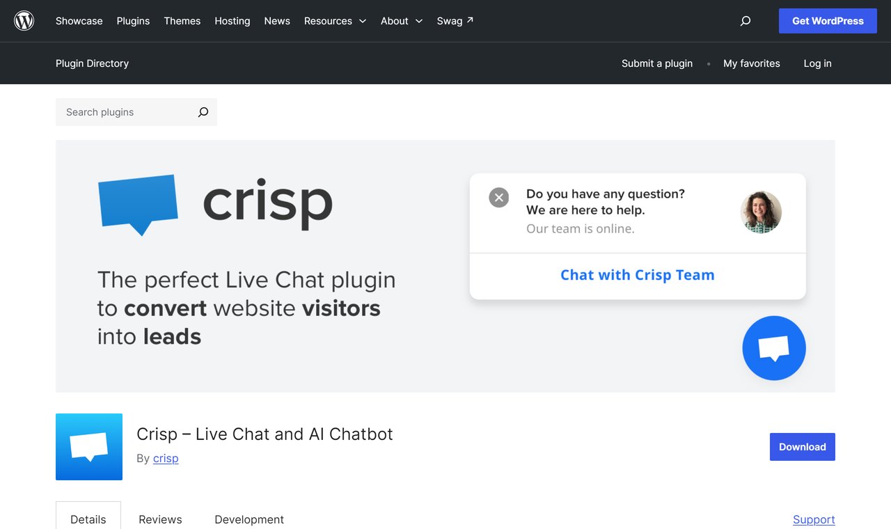 Crisp Live Chat and AI Chatbot plugin on the WordPress.org plugin directory