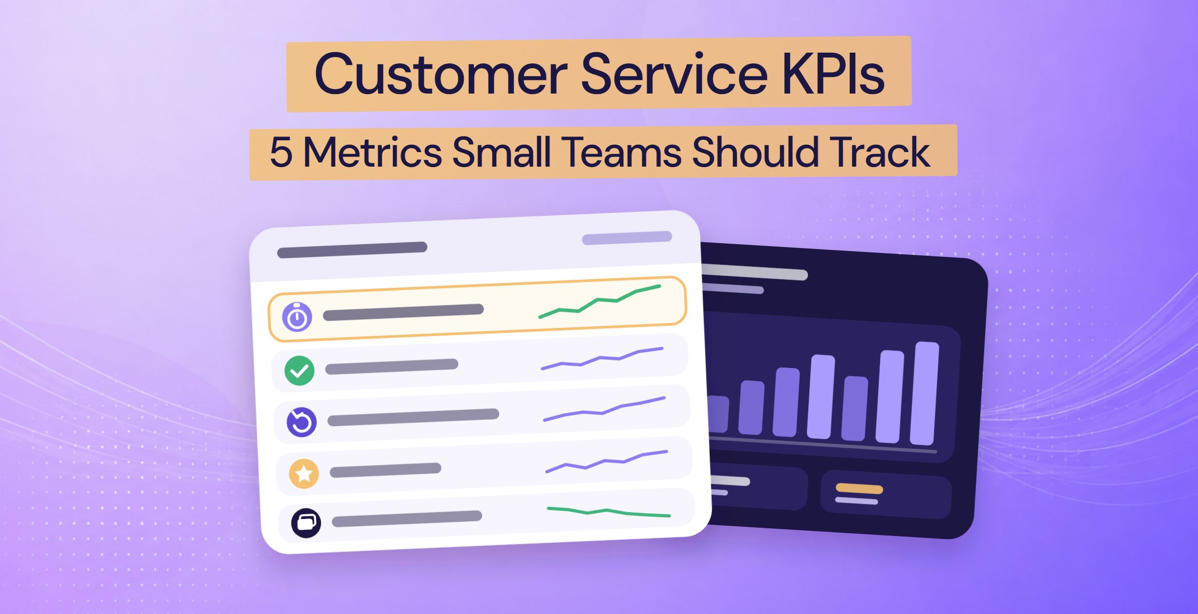 Five-row KPI scorecard with icons and small trend lines, in front of a help desk report bar chart