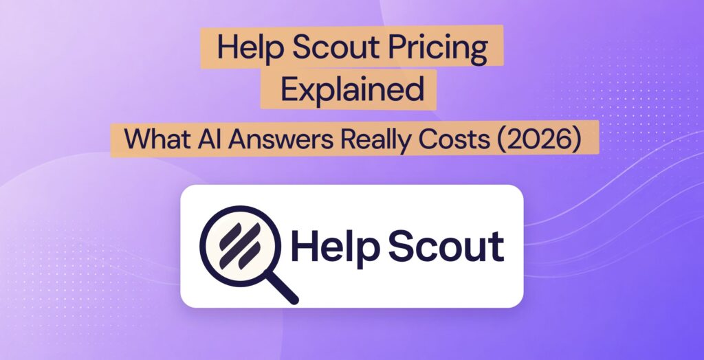 The Help Scout logo on a white card under a magnifying glass, with the title Help Scout Pricing Explained