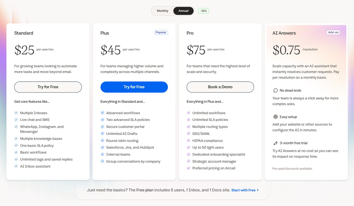 Helpscout pricing page (annual): Standard $25, Plus $45, Pro $75 per user a month, AI Answers add-on $0.75 per resolution
