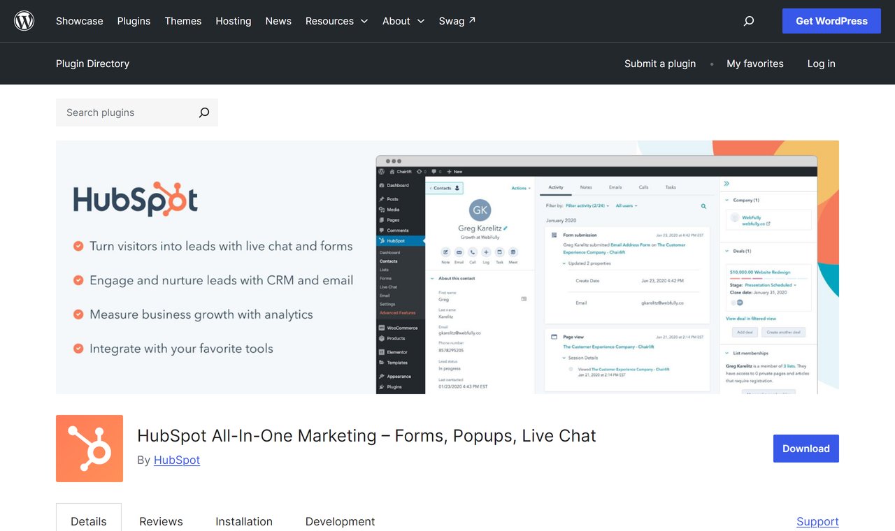HubSpot All-In-One Marketing plugin on the WordPress.org plugin directory