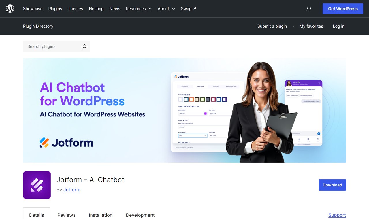 Jotform AI Chatbot plugin on the WordPress.org plugin directory