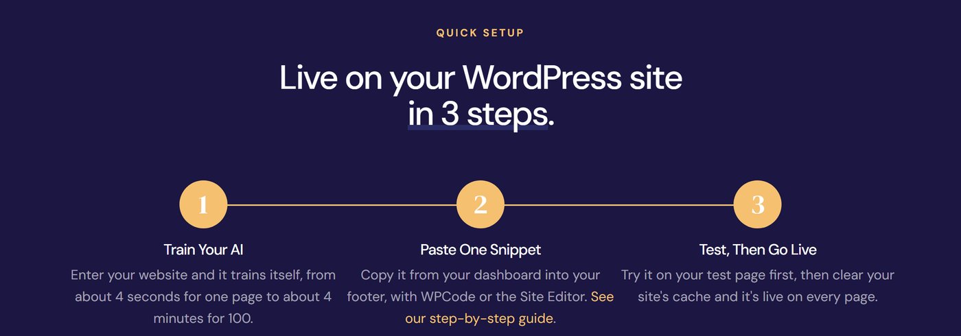 Resolve247 on WordPress in 3 steps: train your AI, paste one snippet into your footer, then test and go live