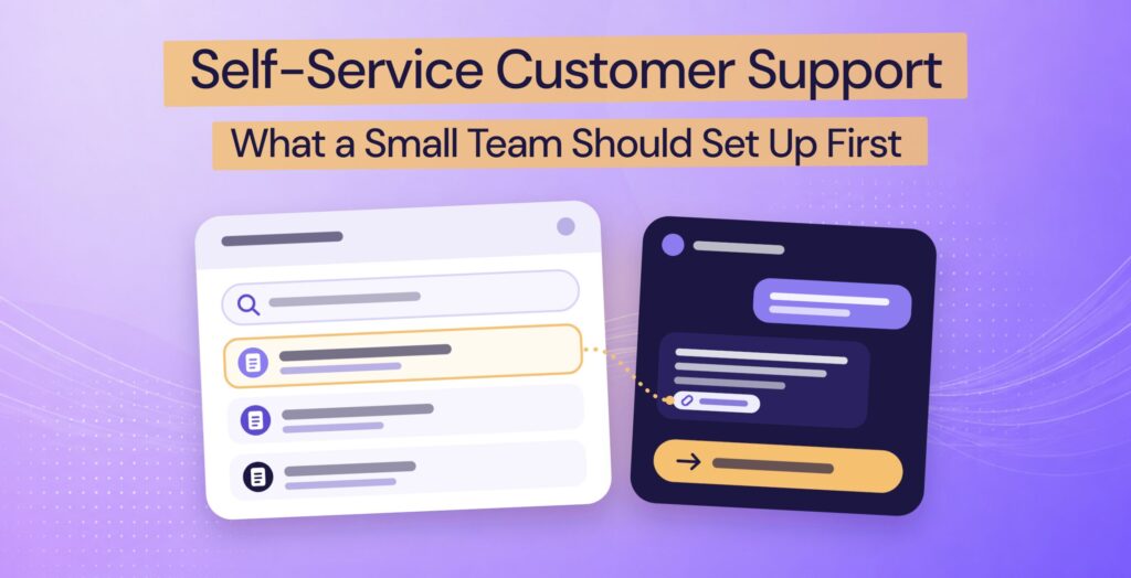 A help centre search with three articles, the top one feeding a chat answer with a source link and a gold contact button