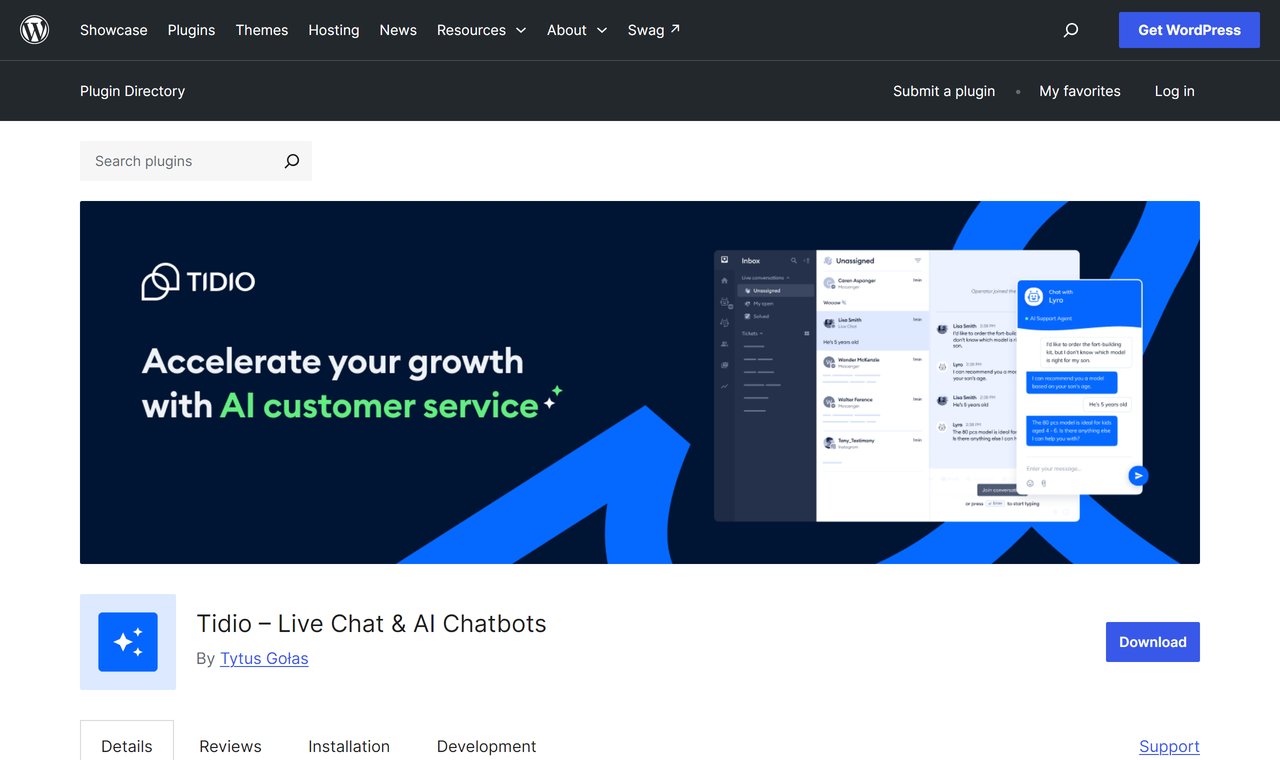 Tidio, Live Chat and AI Chatbots, on the WordPress.org plugin directory