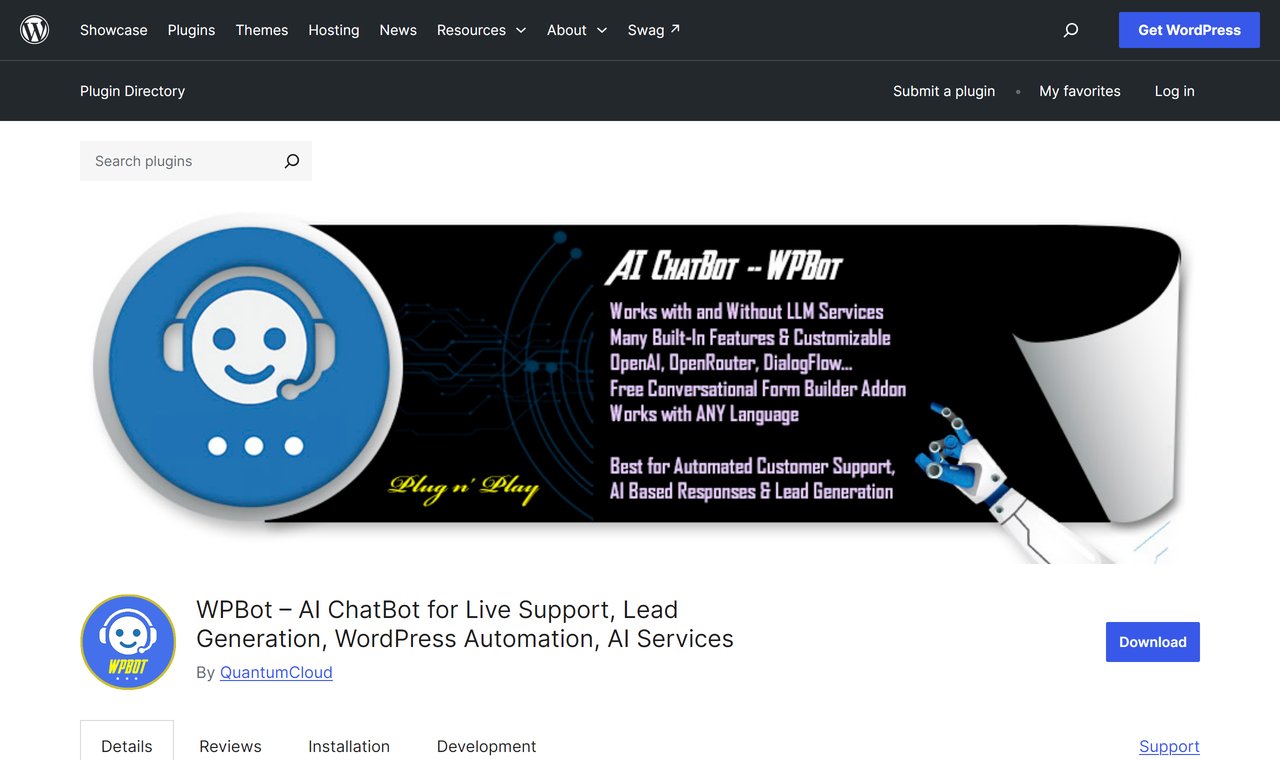 WPBot AI ChatBot by QuantumCloud on the WordPress.org plugin directory